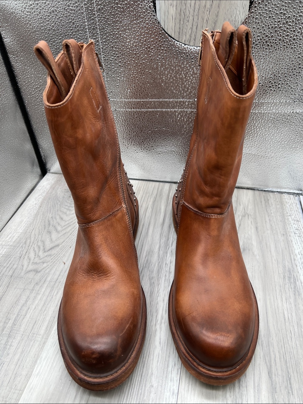 Vintage Foundry Co. Brown Leather Studded Biker Western Boots Distressed SZ 10